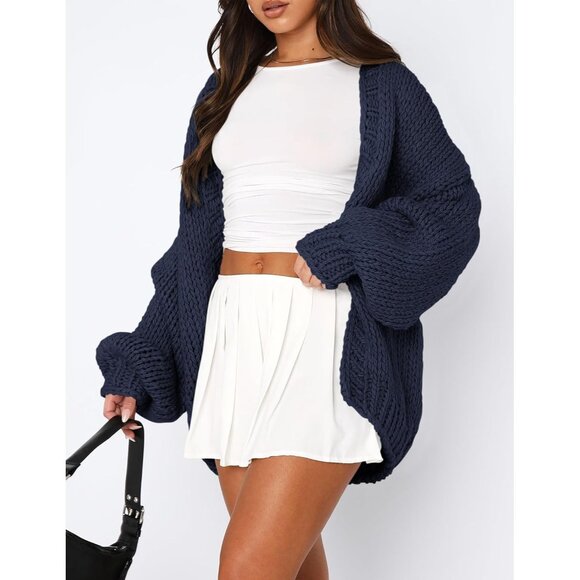 Womens Trendy Cardigan Sweaters Navy Long Sleeve Chunky Knit Outfits - Picture 4 of 8